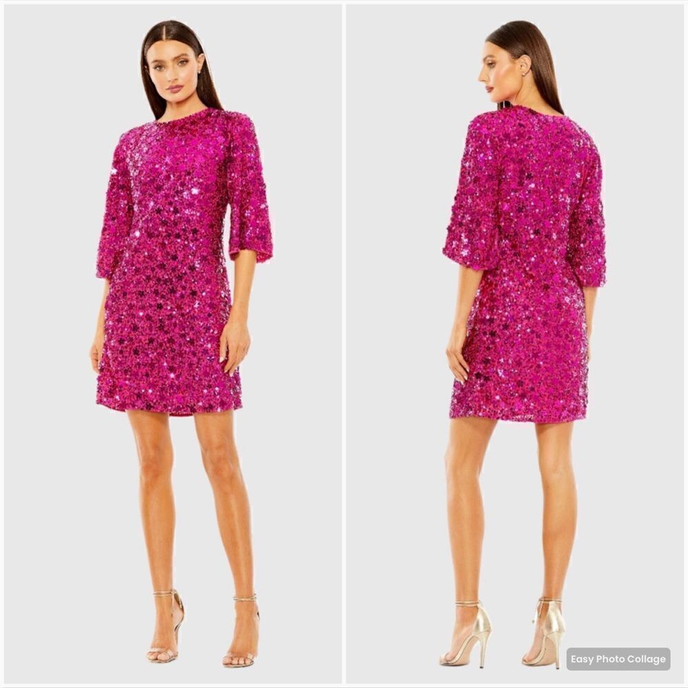 MAC DUGGAL 10032 Womens Quarter Sleeve High Neck Sequin Embellished Mini Dress